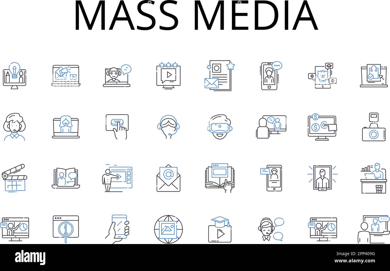 Mass media line icons collection. Social media, Print media, Digital media, Visual media, Broadcast media, News media, Entertainment media vector and Stock Vector