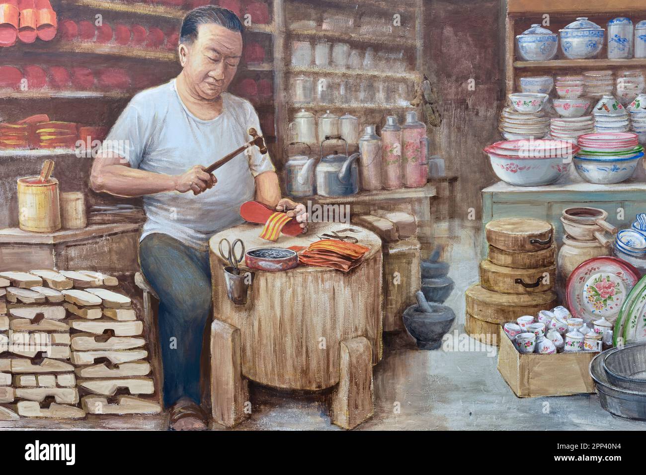 A mural by Singaporean artist Yip Yew Chong in Chinatown, Singapore, depicting a Chinese sandal maker of times gone by Stock Photo