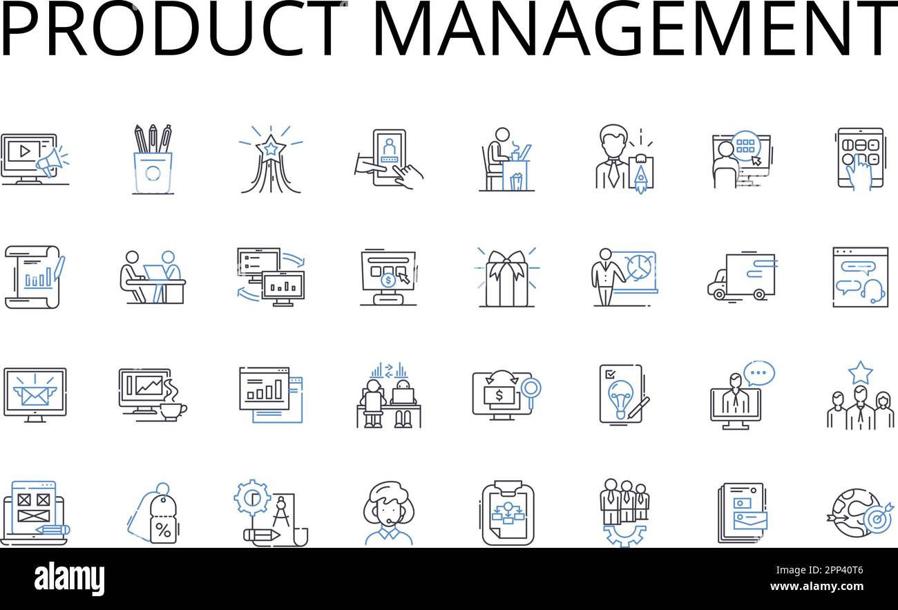 Product management line icons collection. Business development, Brand management, Marketing strategy, Sales operations, Team leadership, Project Stock Vector
