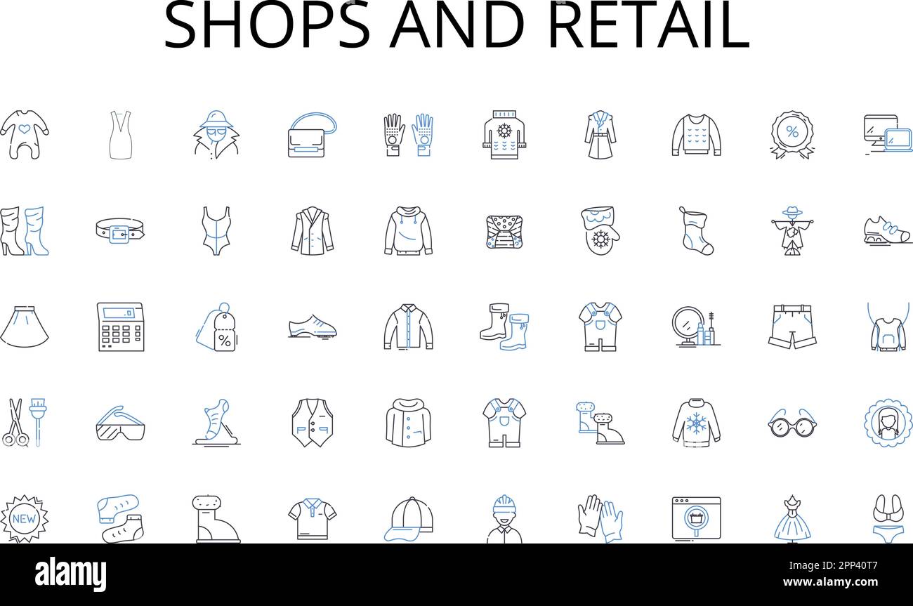 Shops and retail line icons collection. Accessible, Cloud-based, Collaborative, Convenient, Dynamic, Efficient, Global vector and linear illustration Stock Vector