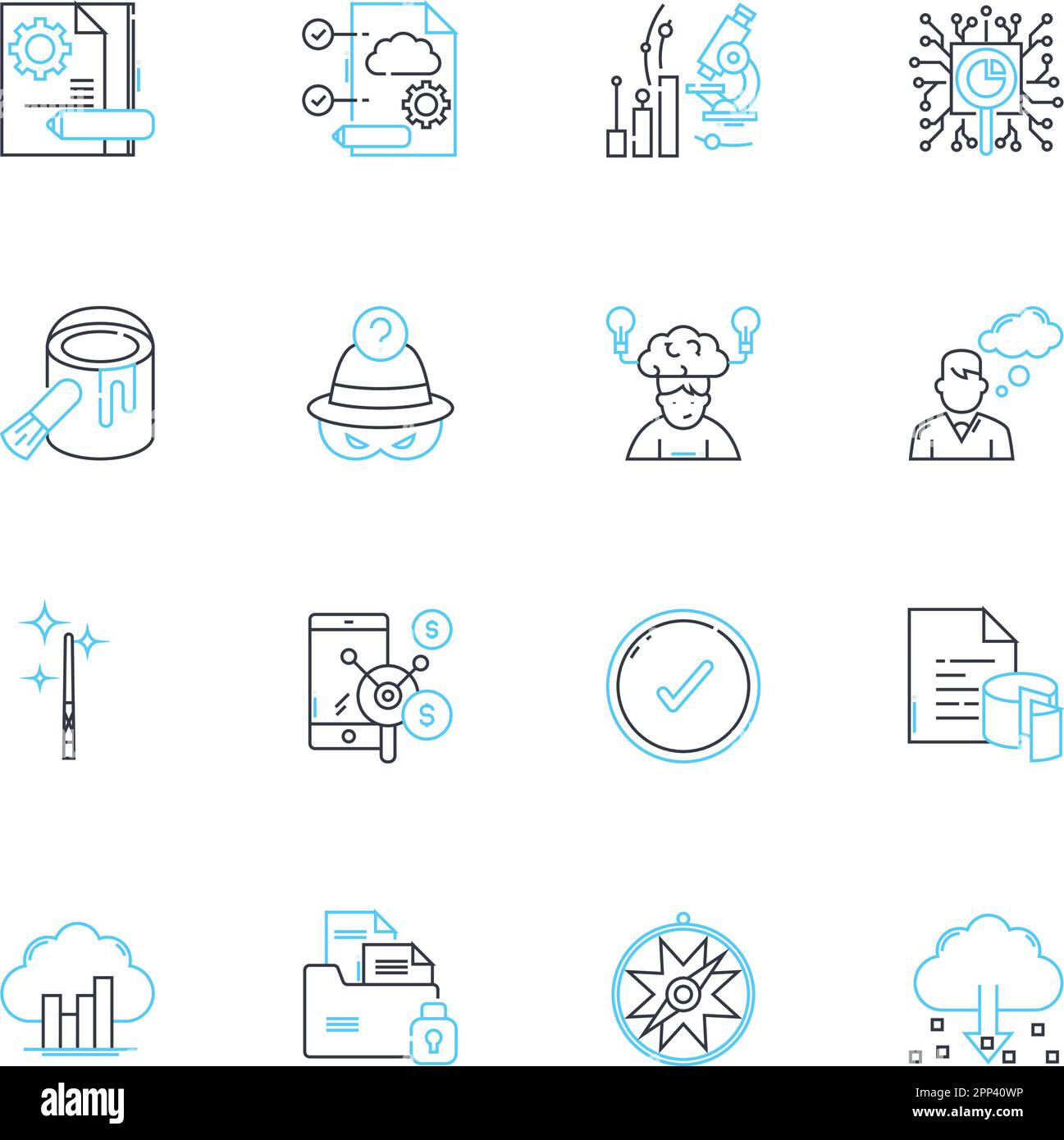 Information Analysis linear icons set. Scrutiny, Dissection 