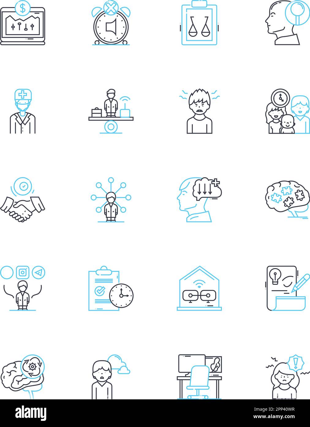Work efficiency linear icons set. Productivity, Time-management, Multitasking, Focus, Organization, Prioritization, Streamlining line vector and Stock Vector