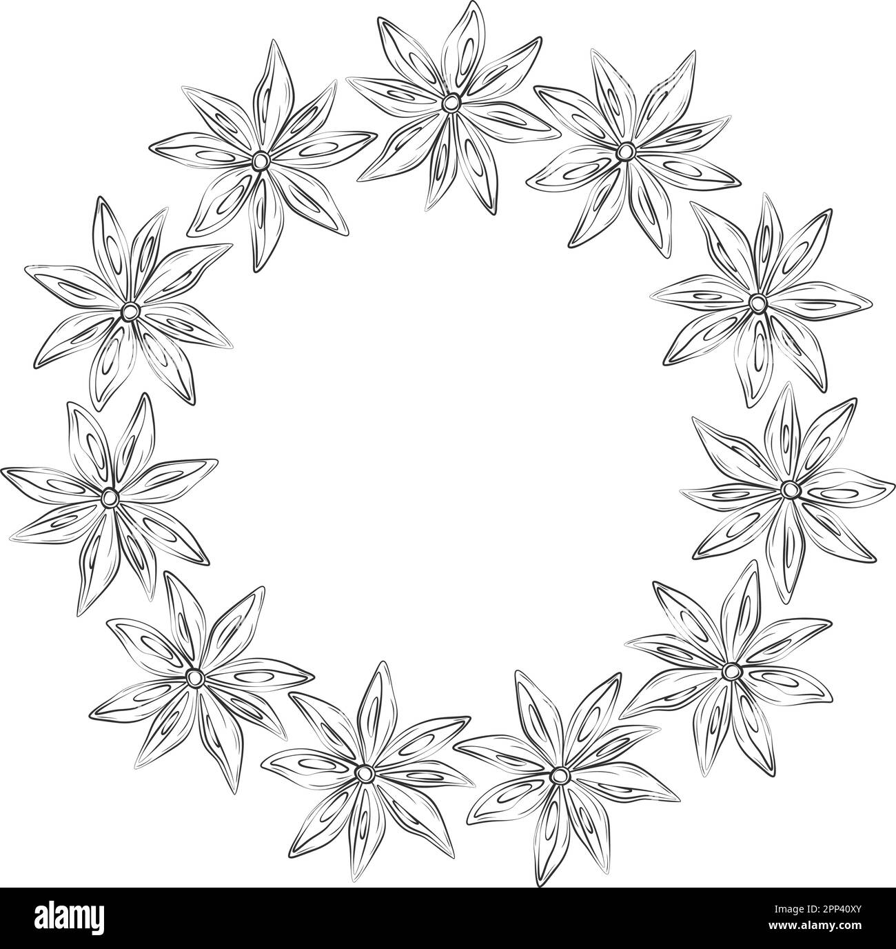 Abstract circle frame of hand drawing star anise with copyspace. Line