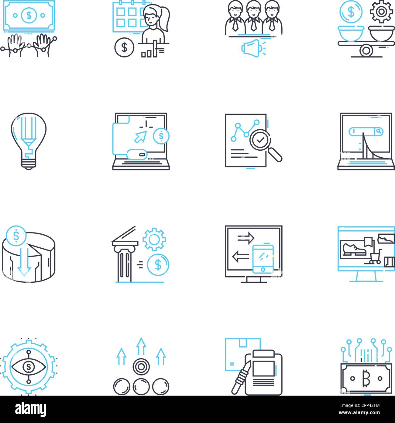 Resource allocation linear icons set. Prioritization, Optimization, Allocation, Management, Efficiency, Planning, Utilization line vector and concept Stock Vector