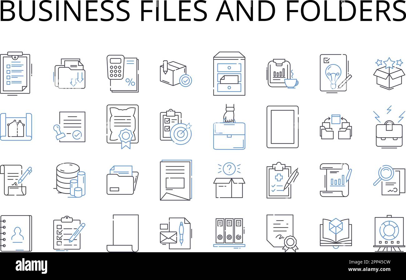 Business files and folders line icons collection. Work documents