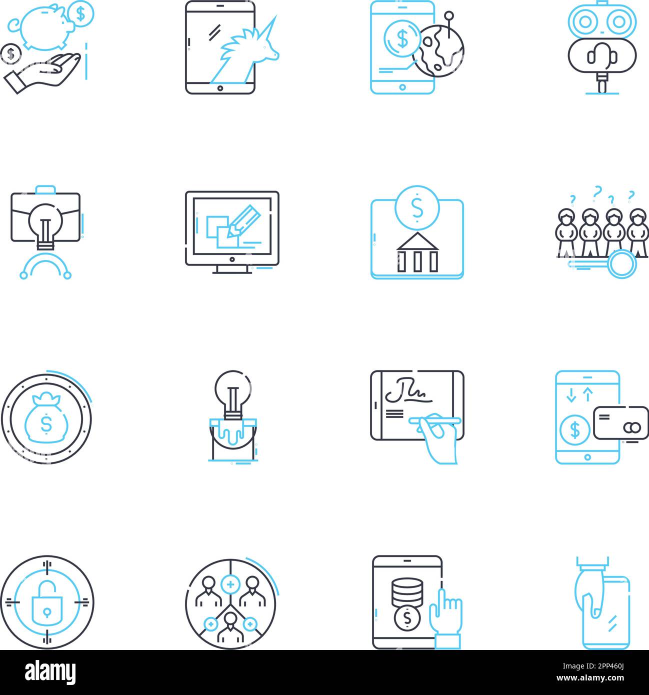 Budgeting techniques linear icons set. Frugality, Allocation, Optimization, Prioritization, Planning, Limitation, Income line vector and concept signs Stock Vector