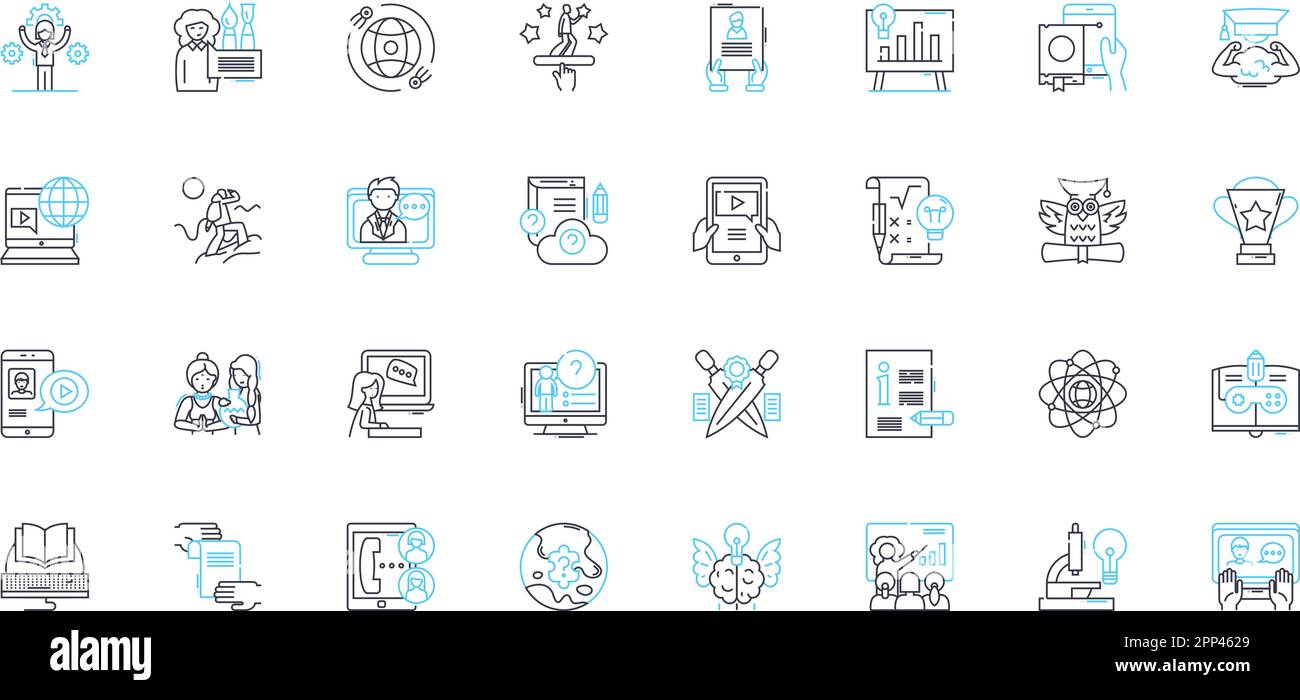 Distance learning linear icons set. Online, Virtual, Remote, E-learning, Digital, Web-based, Internet-based line vector and concept signs. Cyber Stock Vector