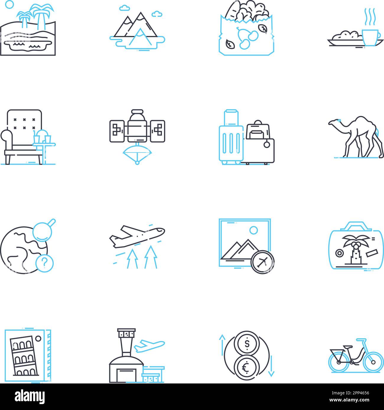 Aerodrome linear icons set. anding, Takeoff, Runway, Hangar, Control Tower, Aircraft, Pilots line vector and concept signs. Ground Services Stock Vector