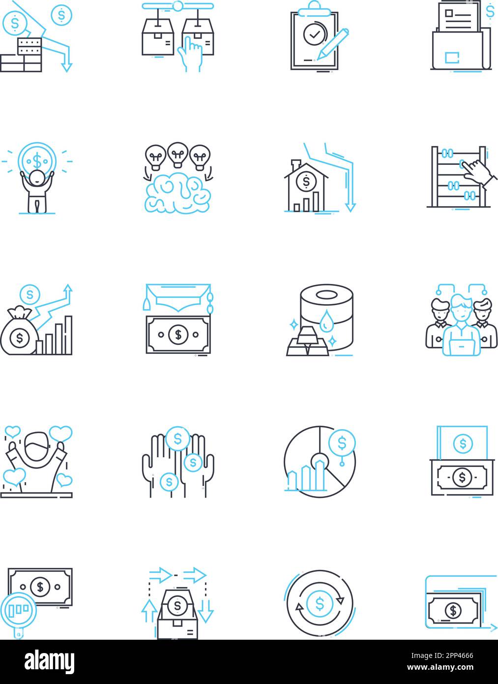 Asset diversification linear icons set. Allocation, Variety, Spread, Mix, Portfolio, Variety, Strategy line vector and concept signs. Security,Risk Stock Vector