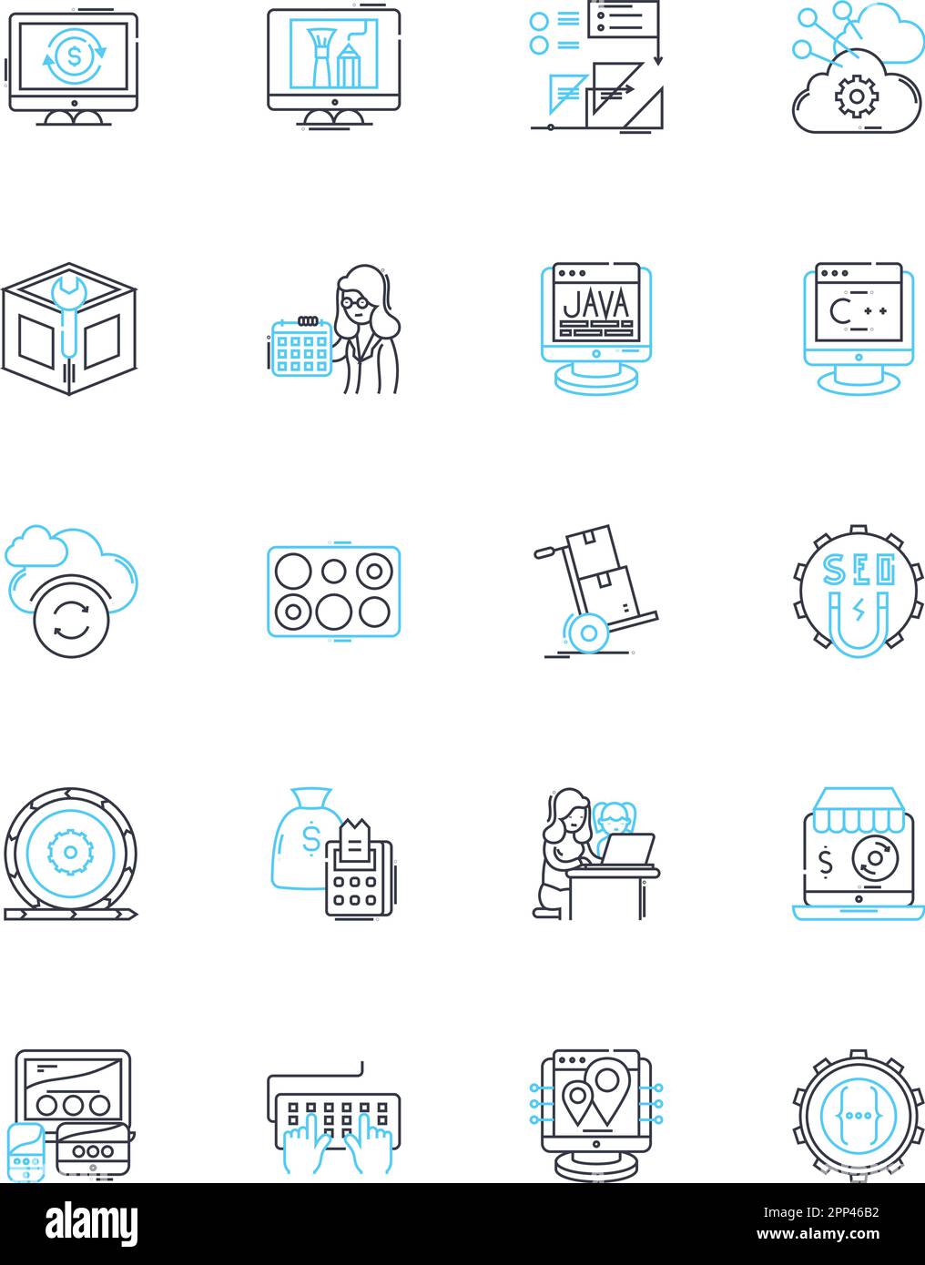 Coding Techniques linear icons set. Algorithms, Syntax, Debugging, Optimization, Pseudocode, Refactoring, Abstraction line vector and concept signs Stock Vector