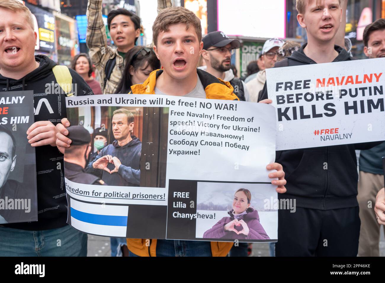 New York, United States. 21st Apr, 2023. Protesters hold placards that demand the freedom of Alexei Navalny during a demonstration in New York. Protesters take to Times Square to demonstrate were Russians speaking activists voice outrage over Vladimir Putin's rule and the jailing of Russian opposition leader Alexei Navalny saying that Right now, Alexei is once again in mortal danger in New York City. Credit: SOPA Images Limited/Alamy Live News Stock Photo