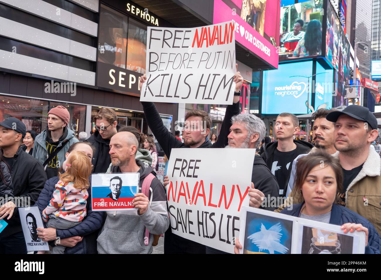 New York, United States. 21st Apr, 2023. Protesters hold placards that demand the freedom of Alexei Navalny during a demonstration in New York. Protesters take to Times Square to demonstrate were Russians speaking activists voice outrage over Vladimir Putin's rule and the jailing of Russian opposition leader Alexei Navalny saying that Right now, Alexei is once again in mortal danger in New York City. (Photo by Ron Adar/SOPA Images/Sipa USA) Credit: Sipa USA/Alamy Live News Stock Photo
