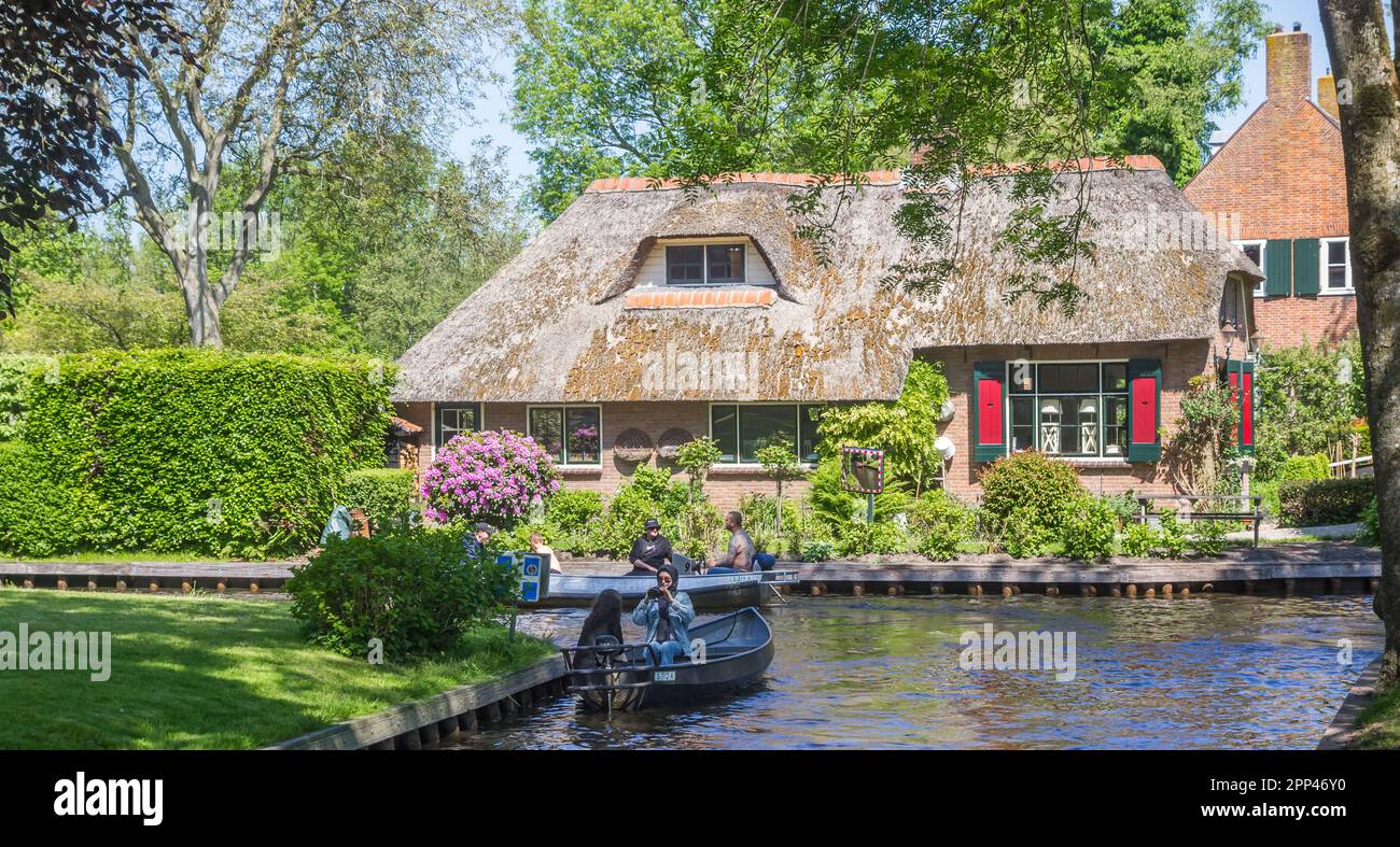 Panorama of an old house at the canal in Giethoorn, Netherlands Stock Photo