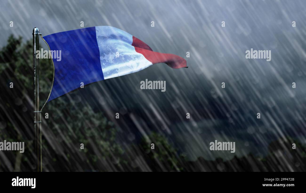 flag of France with rain and dark clouds, terrible weather symbol