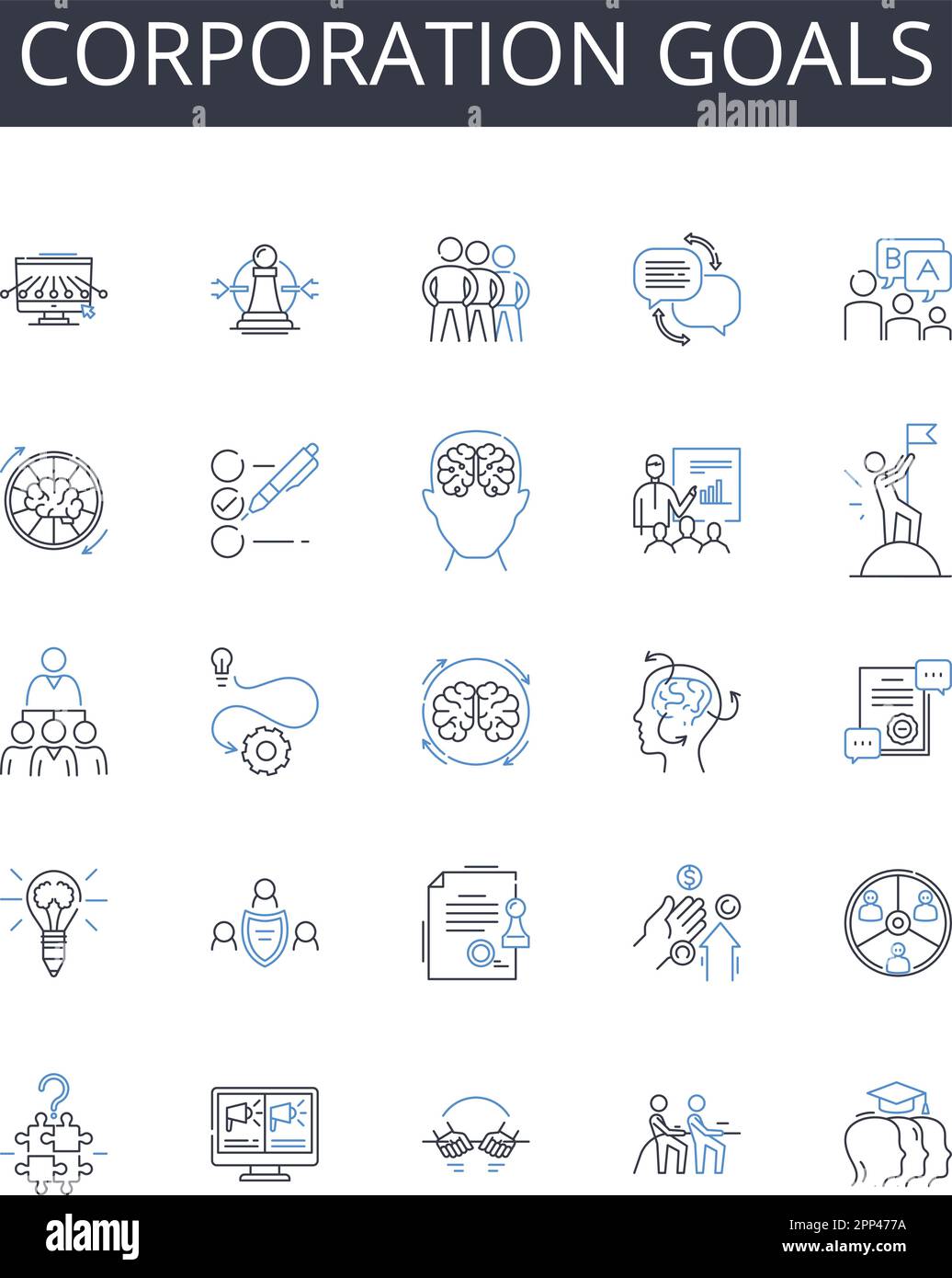 Corporation goals line icons collection. Business objectives, Company