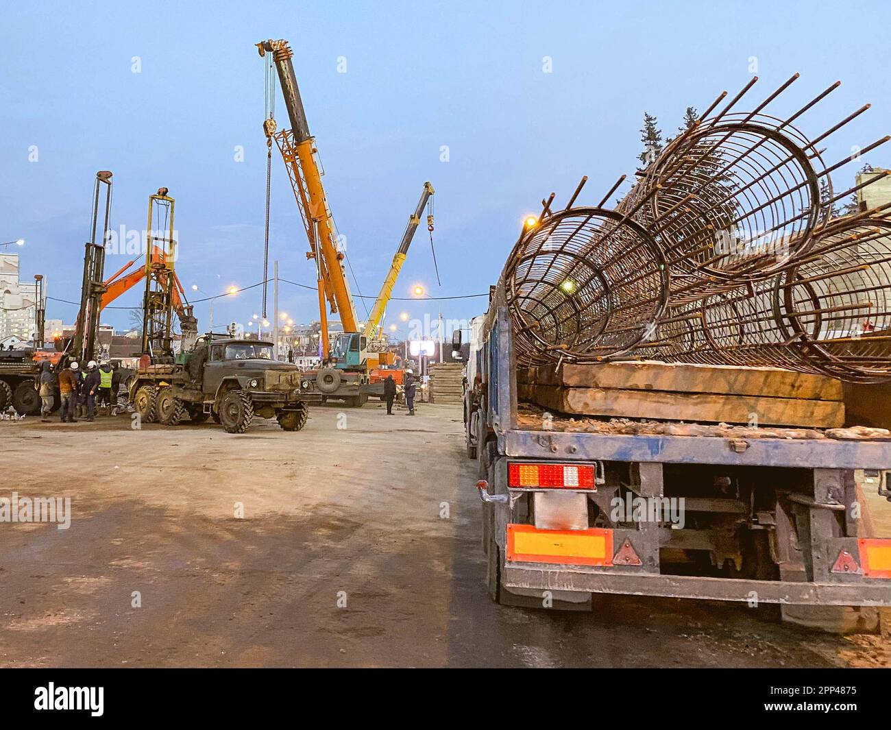 construction of a broken bridge on a busy road. construction equipment