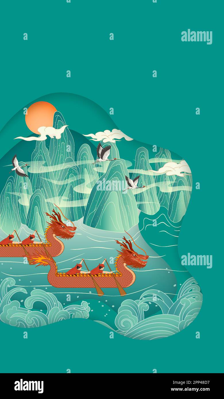 Vector illustration of dragon boat rowing during the traditional Dragon