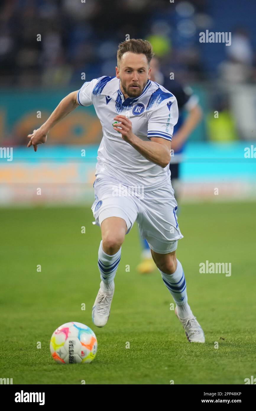 Darmstadt, Germany. 21st Apr, 2023. Soccer: 2nd Bundesliga, Darmstadt 98 - Karlsruher SC, Matchday 29, Merck-Stadion am Böllenfalltor. Karlsruhe's Lucas Cueto. Credit: Thomas Frey/dpa - IMPORTANT NOTE: In accordance with the requirements of the DFL Deutsche Fußball Liga and the DFB Deutscher Fußball-Bund, it is prohibited to use or have used photographs taken in the stadium and/or of the match in the form of sequence pictures and/or video-like photo series./dpa/Alamy Live News Stock Photo
