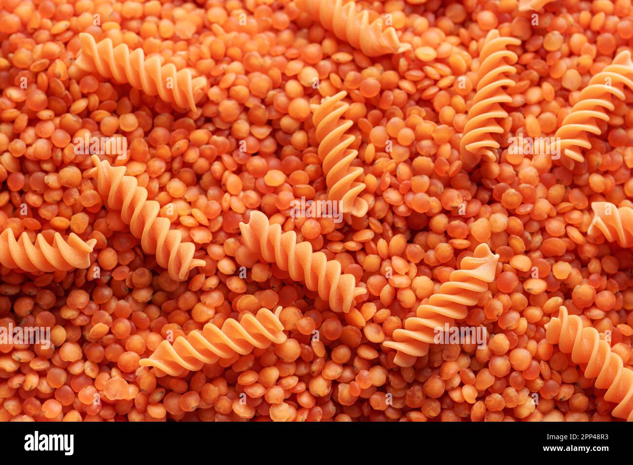 Pasta from red lentils. Glutenfree fusilli pasta. Alternative healthy