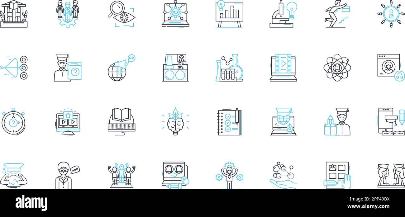Virtual schooling linear icons set. Online-learning, Distance-education, Web-based-learning, Remote-instruction, E-learning, Digital-education Stock Vector