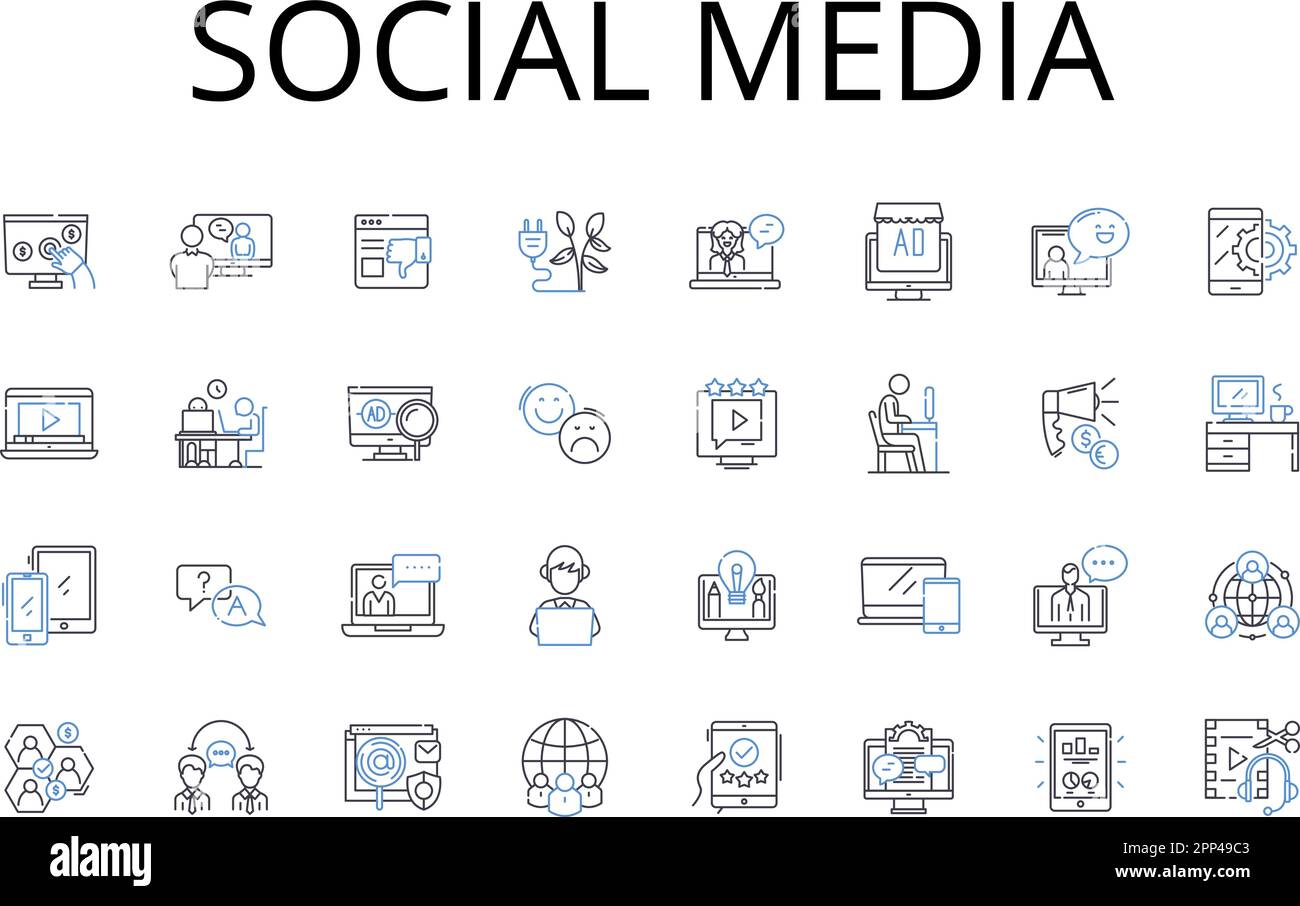 Social media line icons collection. Digital marketing, Online nerking, Web presence, Cyber communication, Internet sharing, Virtual community Stock Vector