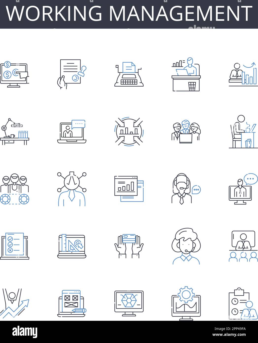 Working management line icons collection. Corporate leadership, Business administration, Professional supervision, Employment oversight, Executive Stock Vector