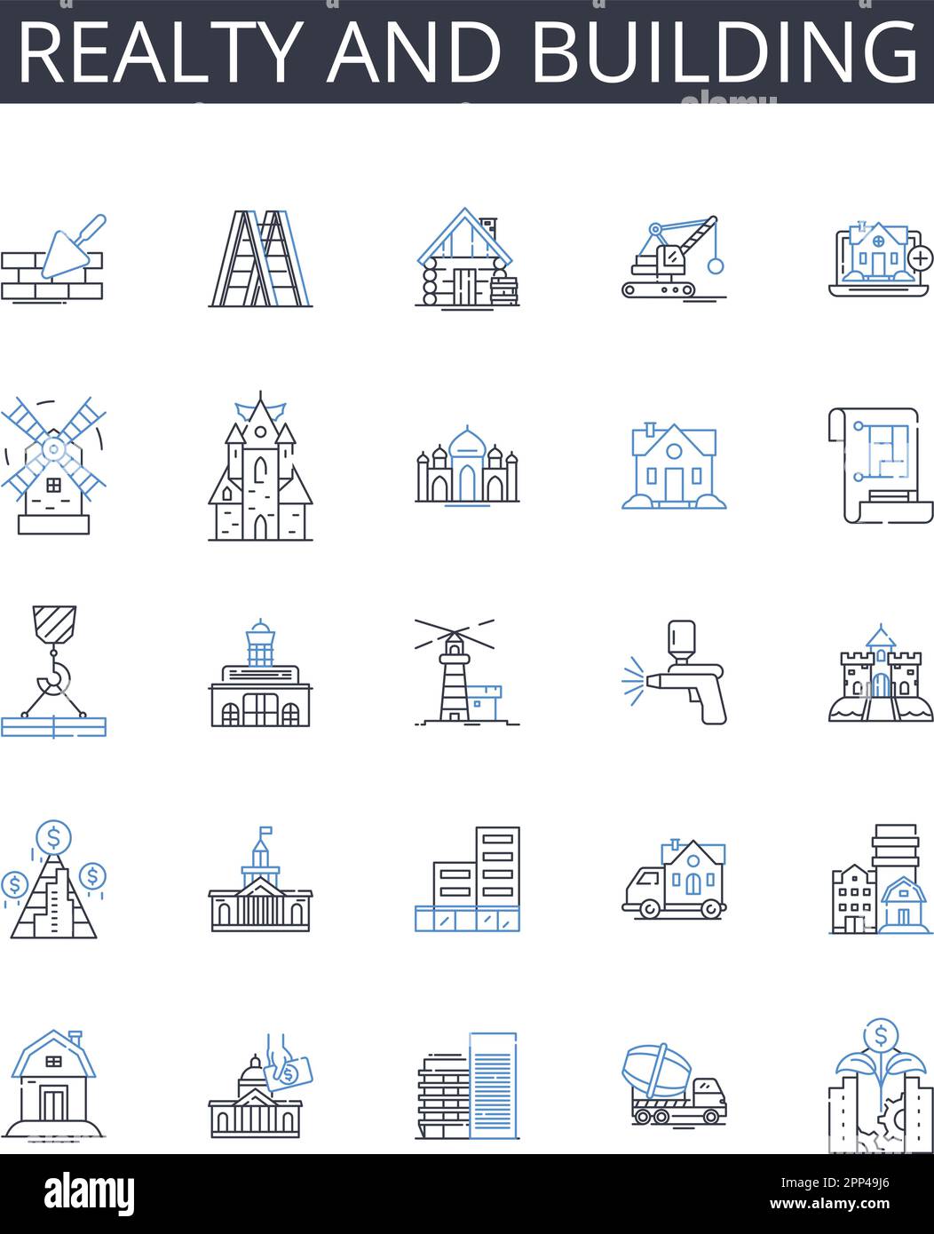 Realty and building line icons collection. Property and estate, Home and shelter, Dwelling and habitation, Residence and domicile, House and abode Stock Vector