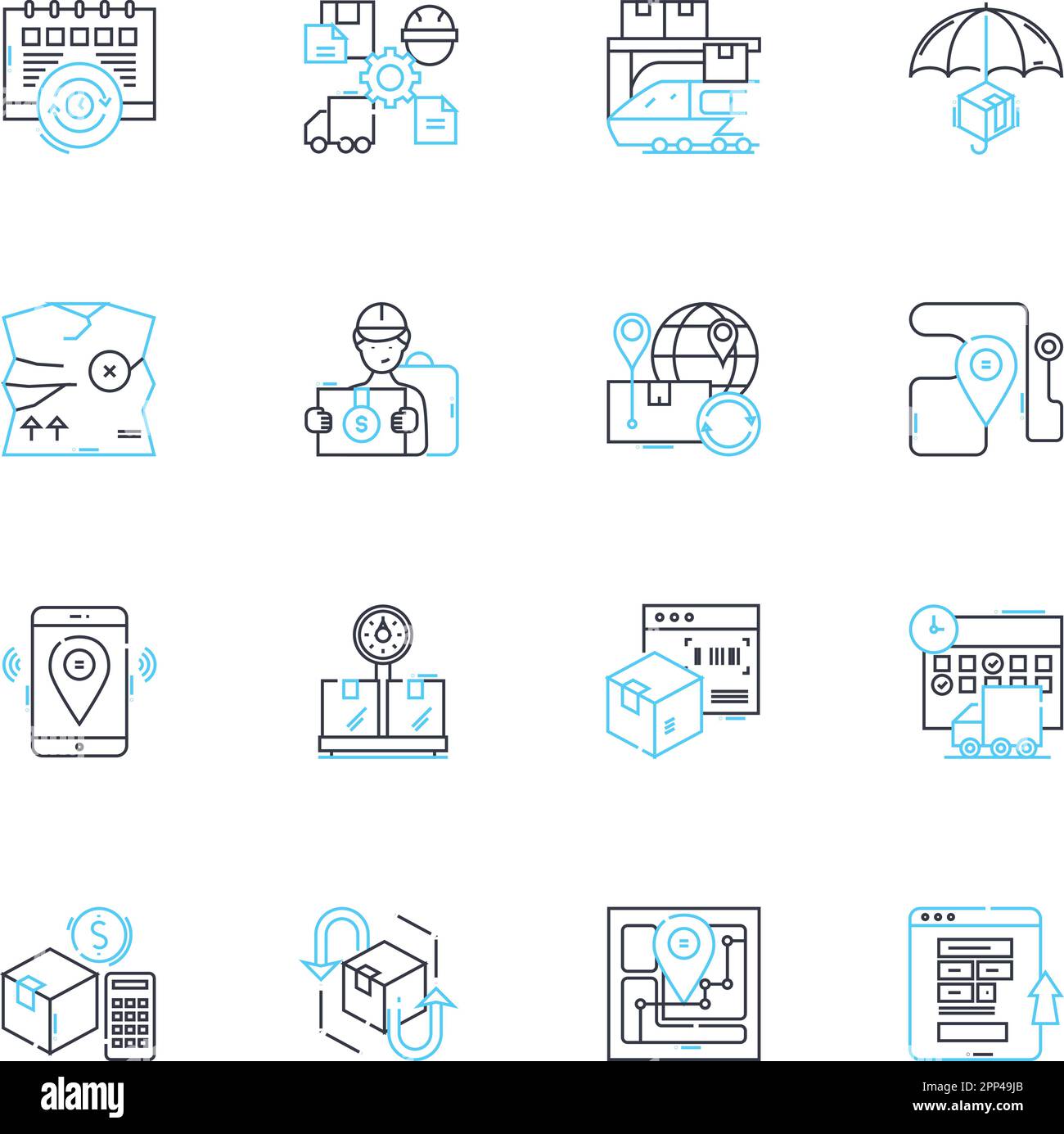 Warehousing solutions linear icons set. Storage, Logistics, Inventory ...