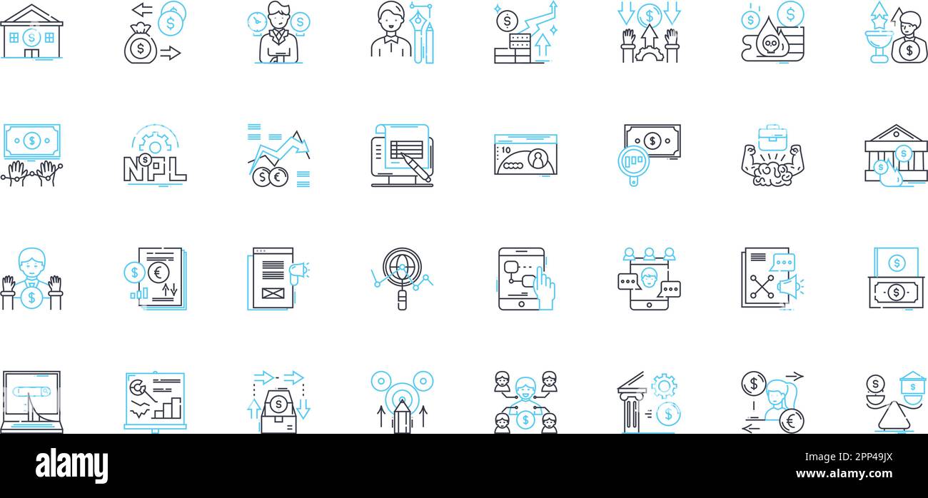 Financial allocation linear icons set. Budgeting, Distribution, Allocation, Planning, Allotment, Financial, Apportionment line vector and concept Stock Vector