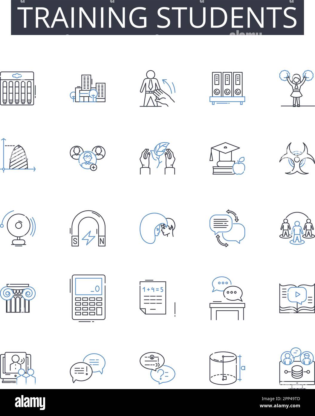 Training students line icons collection. Educating individuals, Teaching pupils, Coaching learners, Instructing scholars, Guiding trainees, Nurturing Stock Vector