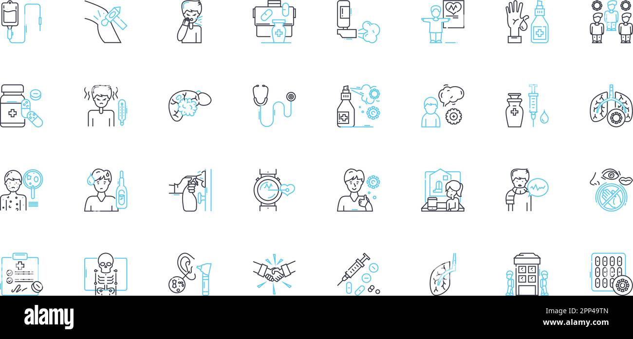 Disease management linear icons set. Prevention, Diagnosis, Treatment, Rehabilitation, Patient-centered, Holistic, Care coordination line vector and Stock Vector