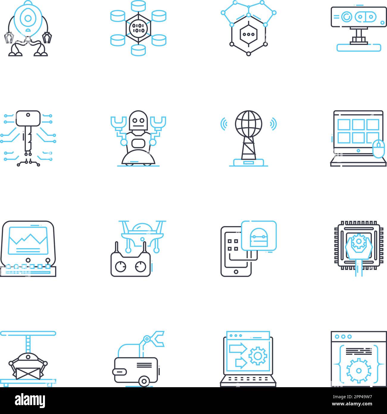 Mechatronics Systems linear icons set. Robotics, Sensors, Automation, Control, Actuators, Electromechanical, Artificial intelligence line vector and Stock Vector