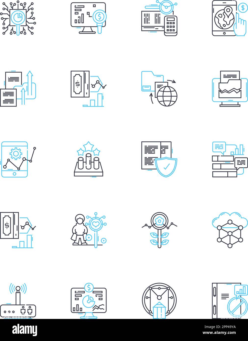 Investment valuation linear icons set. Assets, Capitalization, Cash flow, Discounting, Equity, Fair market value, Financial analysis line vector and Stock Vector