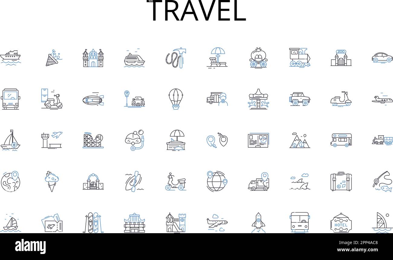 Travel line icons collection. Curation, Assortment, Trove, Compilation, Catalogue, Archive, Stockpile vector and linear illustration. Selection Stock Vector