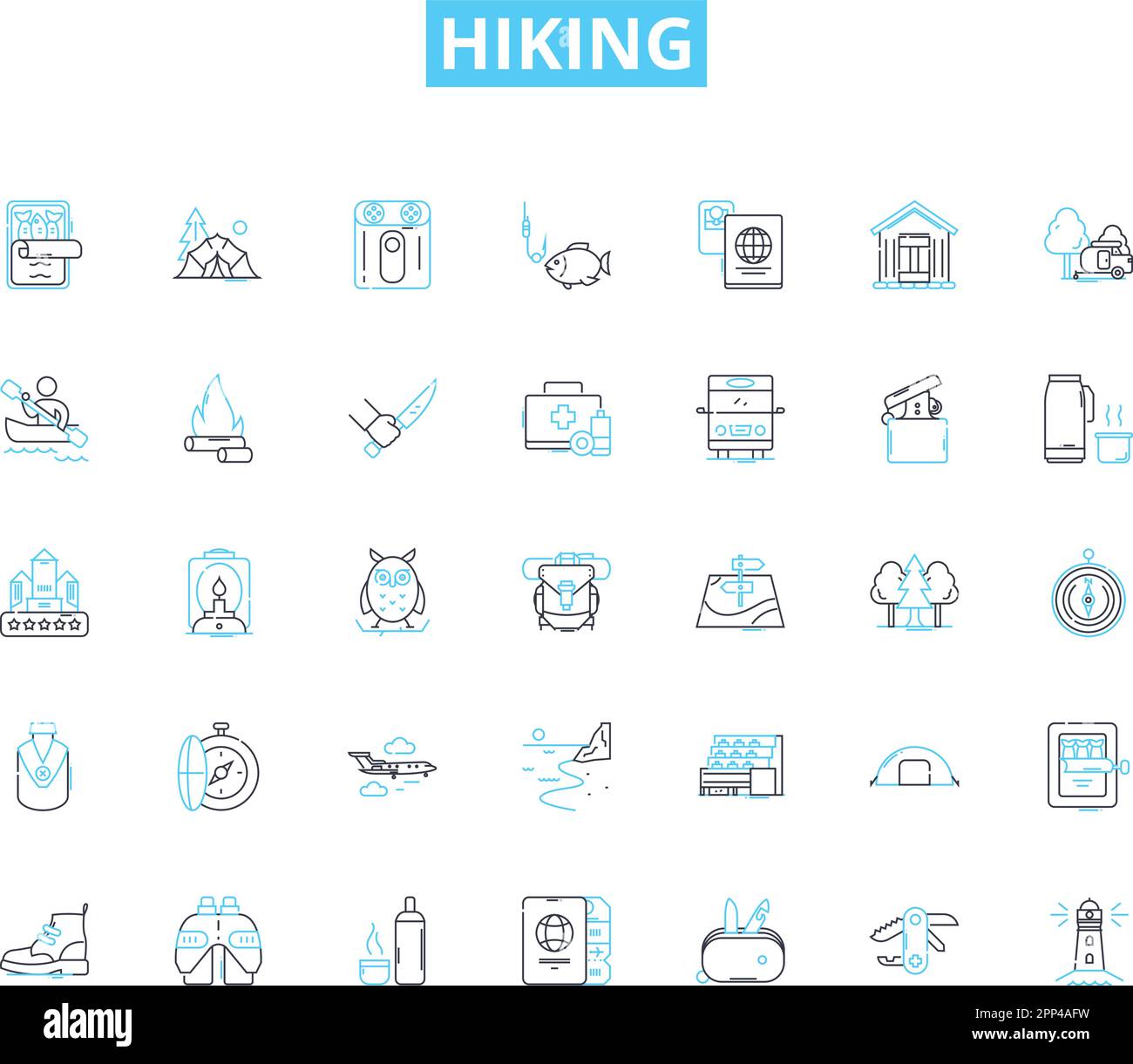 Hiking linear icons set. Trail, Summit, Scramble, Backpack, Trek, Waterfall, Breath-taking line vector and concept signs. Adventure,Explore,Wilderness Stock Vector