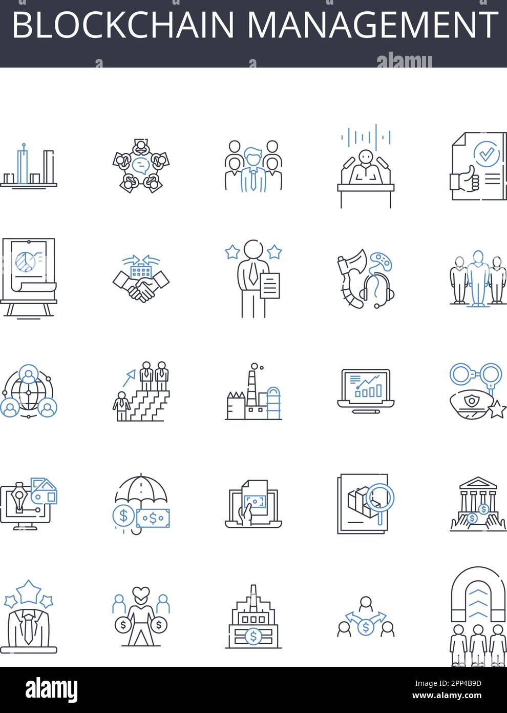 Blockchain management line icons collection cryptocurrency investment