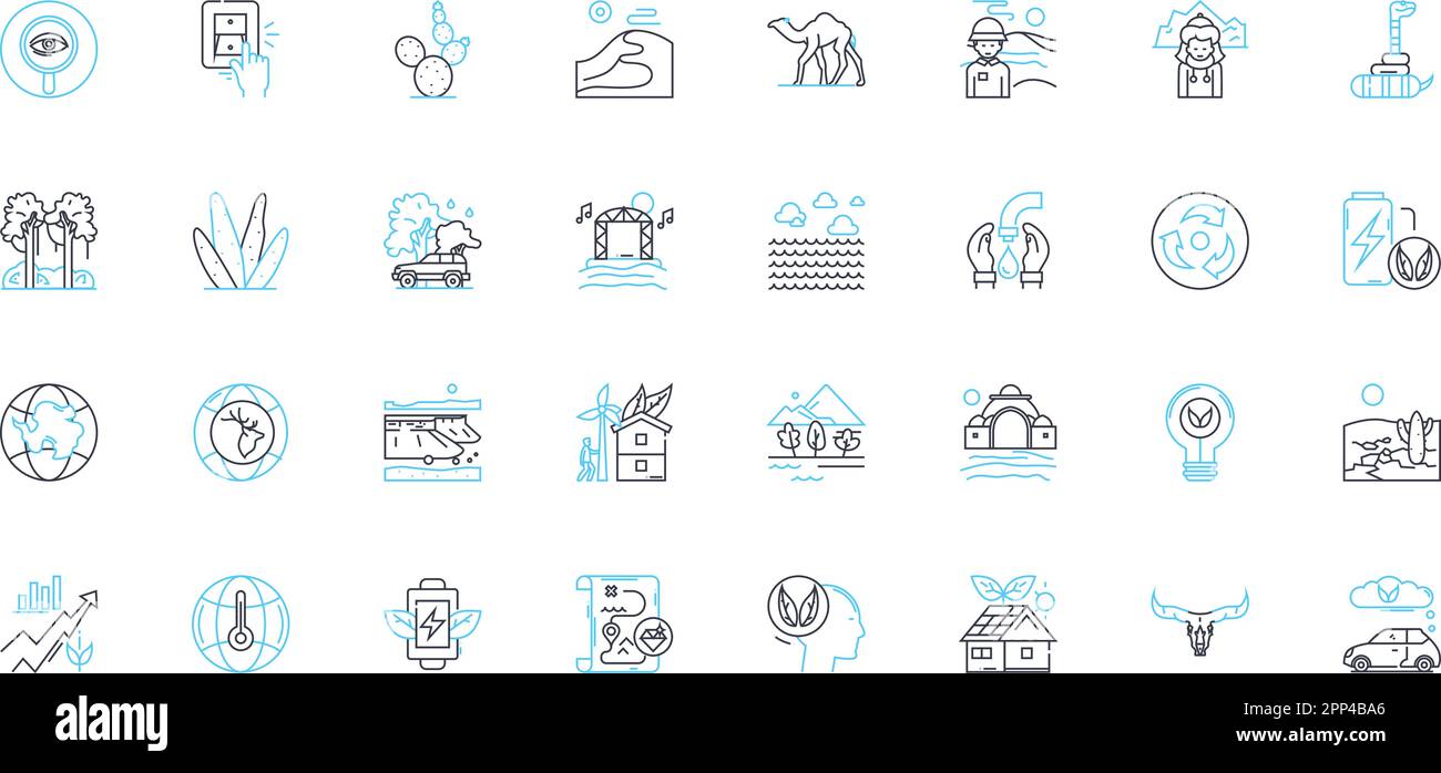 Renewable linear icons set. Solar, Wind, Hydro, Geothermal, Biomass, Tidal, Ocean line vector and concept signs. Renewable,Sustainable,Green outline Stock Vector