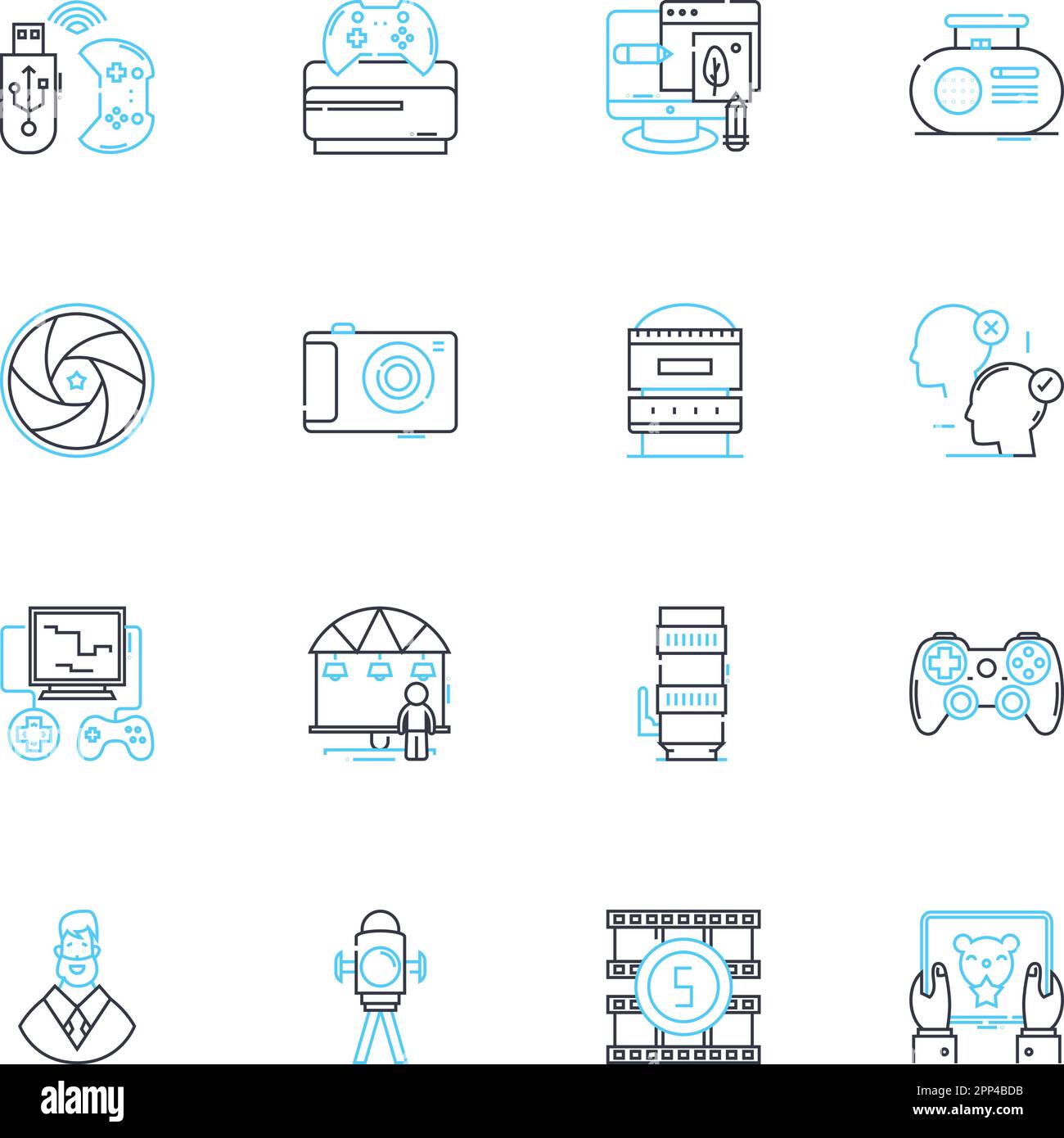 DSLR camera linear icons set. Shutter, Lens, Sensor, Resolution, Autofocus, ISO, Exposure line vector and concept signs. Aperture,Full-frame Stock Vector