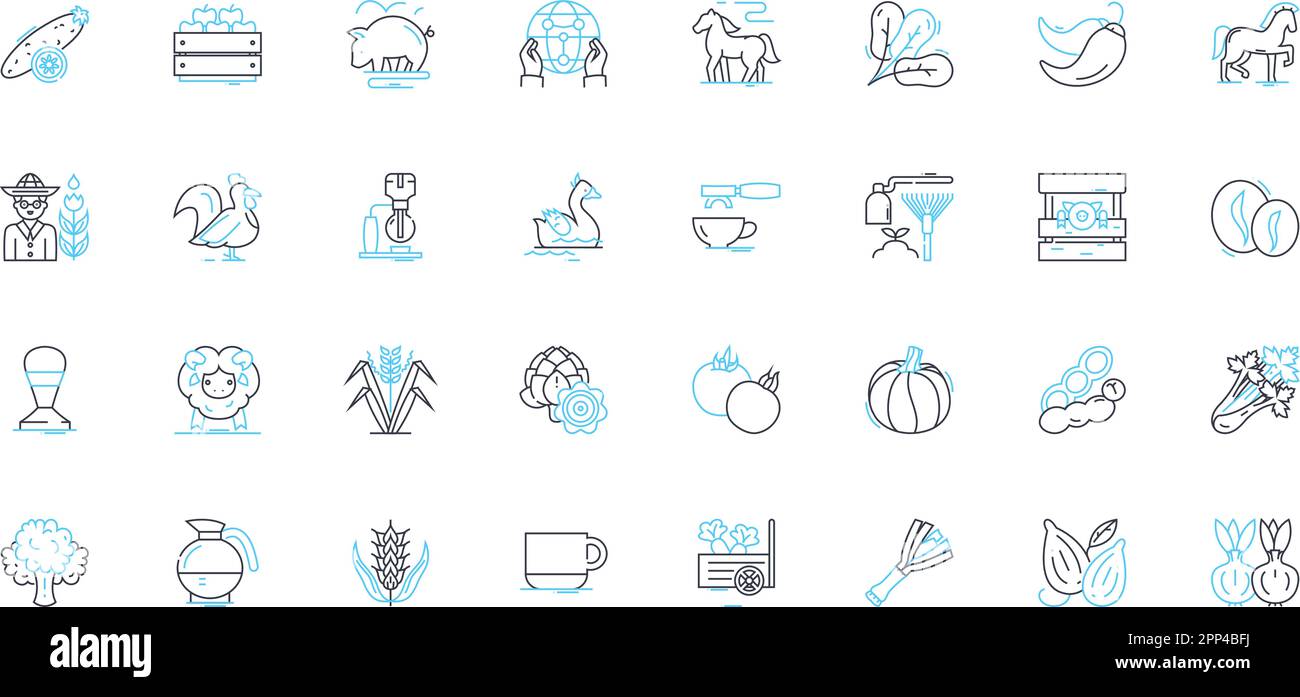 Farmers' market linear icons set. Organic, Fresh, Local, Seasonal, Produce, Vendors, Community line vector and concept signs. Sustainable,Environment Stock Vector