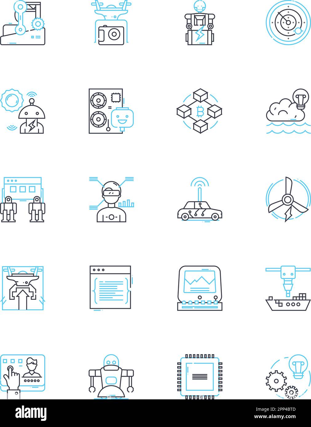 Flying robots linear icons set. Drs, Quadcopters, Hovercraft, Helicopters, Airborne, Unmanned, Aerial line vector and concept signs. Robotic Stock Vector