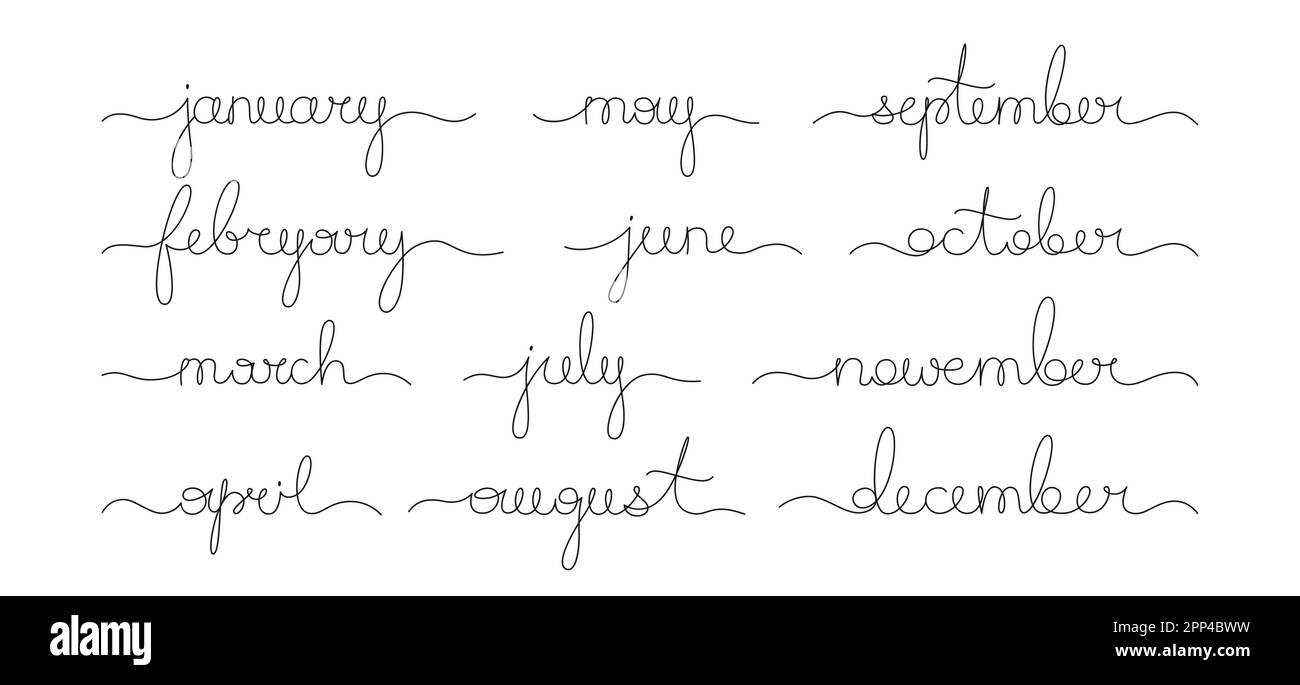 Months names line cursive calligraphy set. Calendar months of year