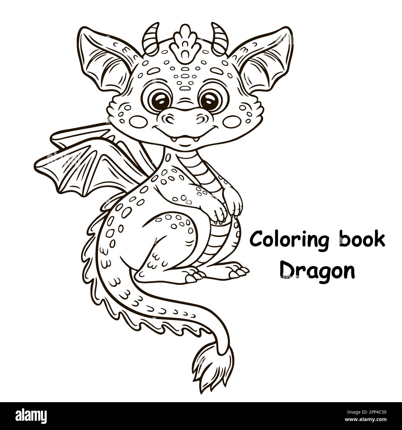 Cute fairy baby dragon reptile, magical fantasy flying fire lizard monster  animal character line icon. Chinese zodiac sign. Coloring book page vector Stock Vector