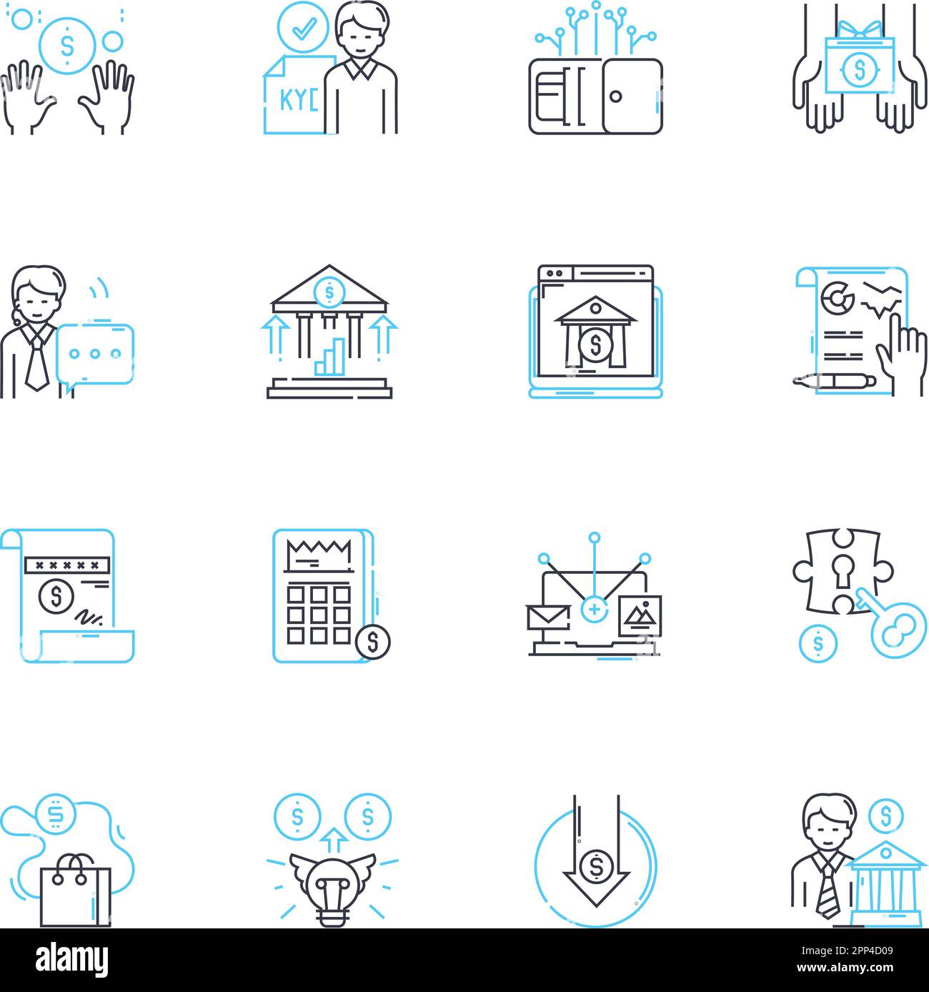 Credit services linear icons set. Credirthiness, Credit score, Credit report, Credit repair, Debt consolidation, Credit counseling, Credit monitoring Stock Vector