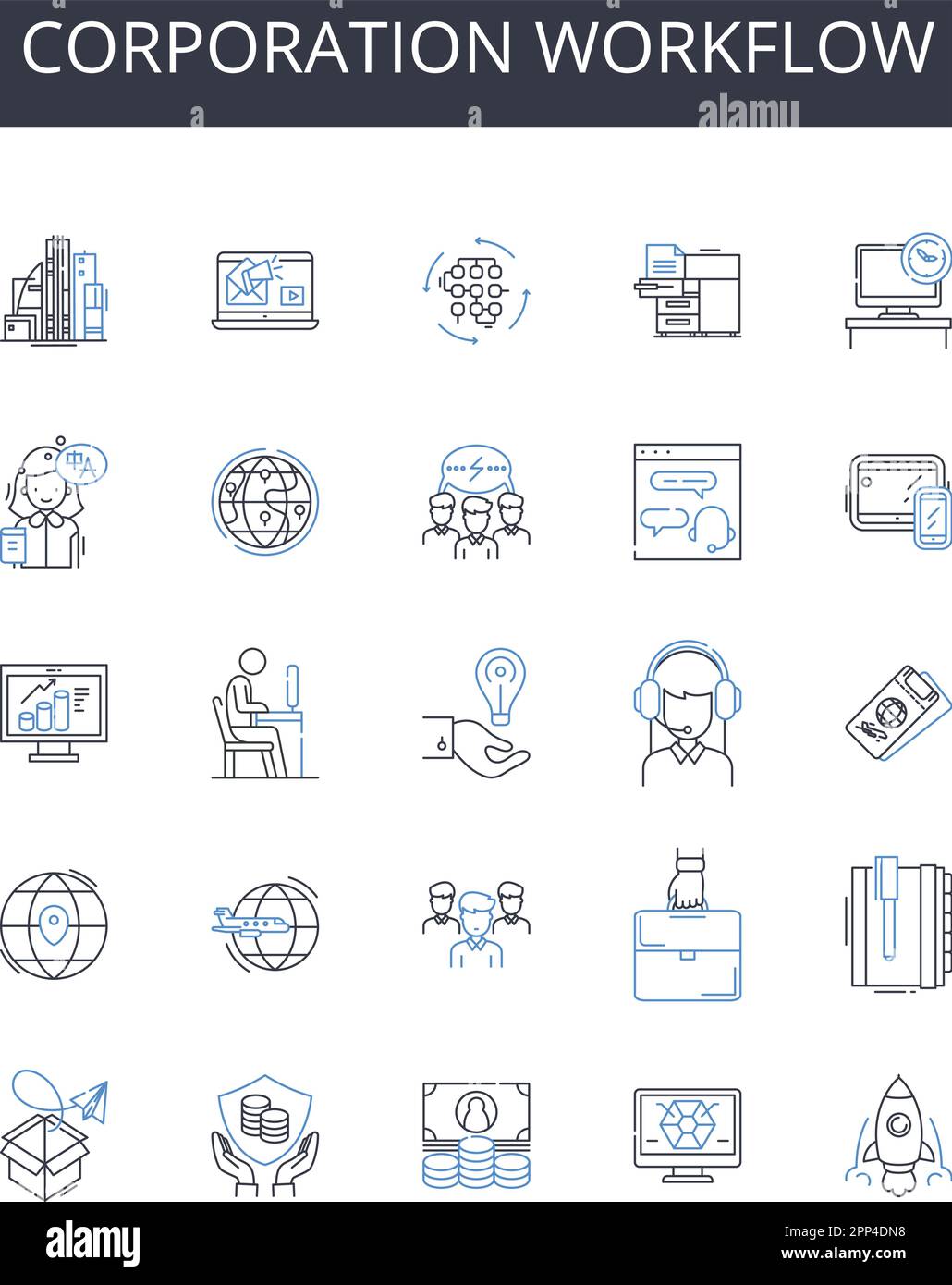 Corporation workflow line icons collection. Supportive, Assistance, Accompanying, Complementing, Auxiliary, Collaborative, Cohesive vector and linear Stock Vector