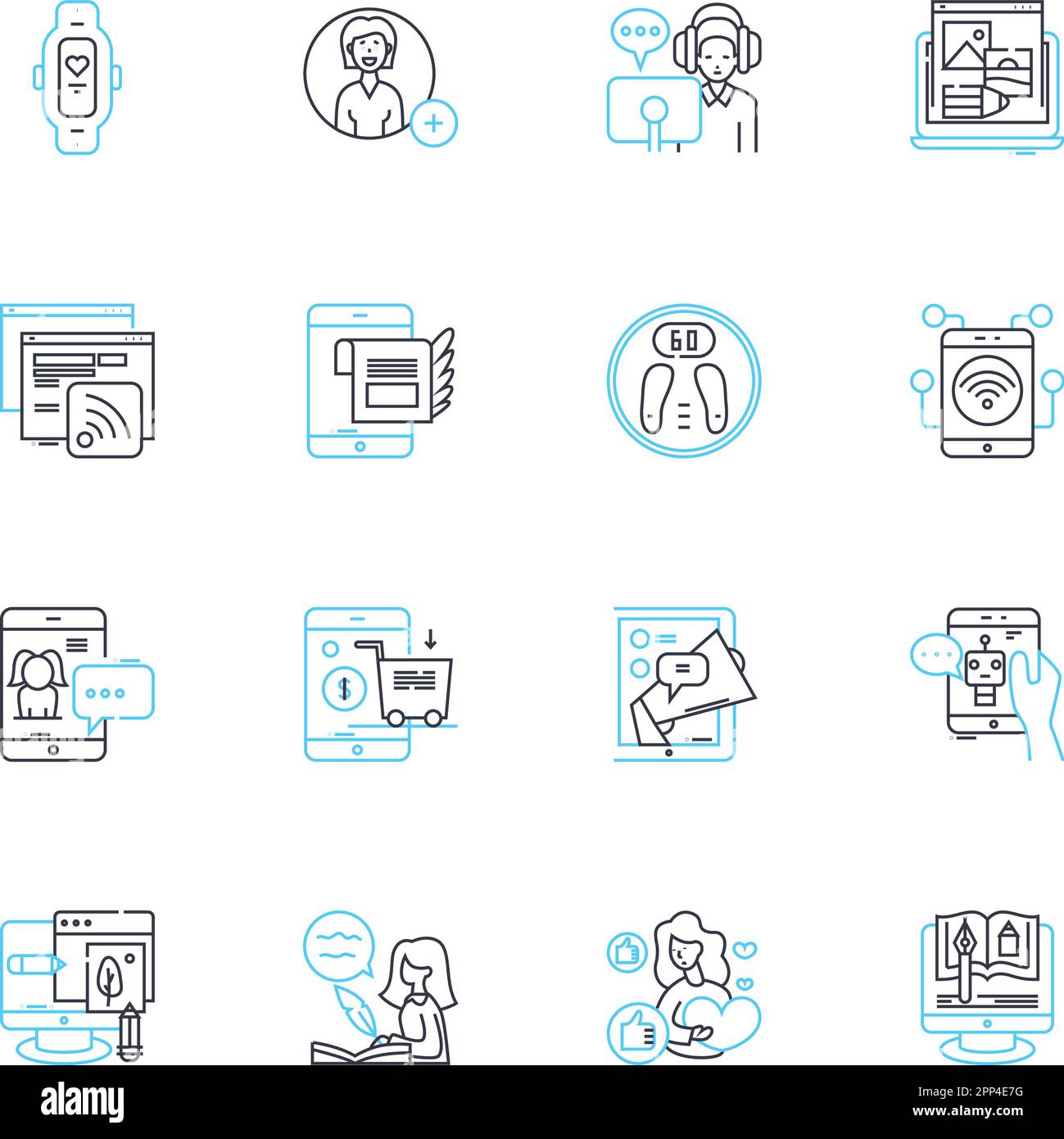 Digital technique linear icons set. Algorithm, Automation, Big data, Blockchain, Cloud, Coding, Cybersecurity line vector and concept signs. Data Stock Vector