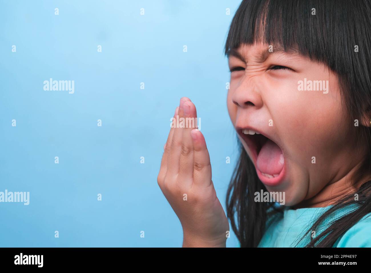 Little asian girl covering her mouth to smell the bad breath. Child girl checking breath with her hands. Oral health problems or dental care concept. Stock Photo