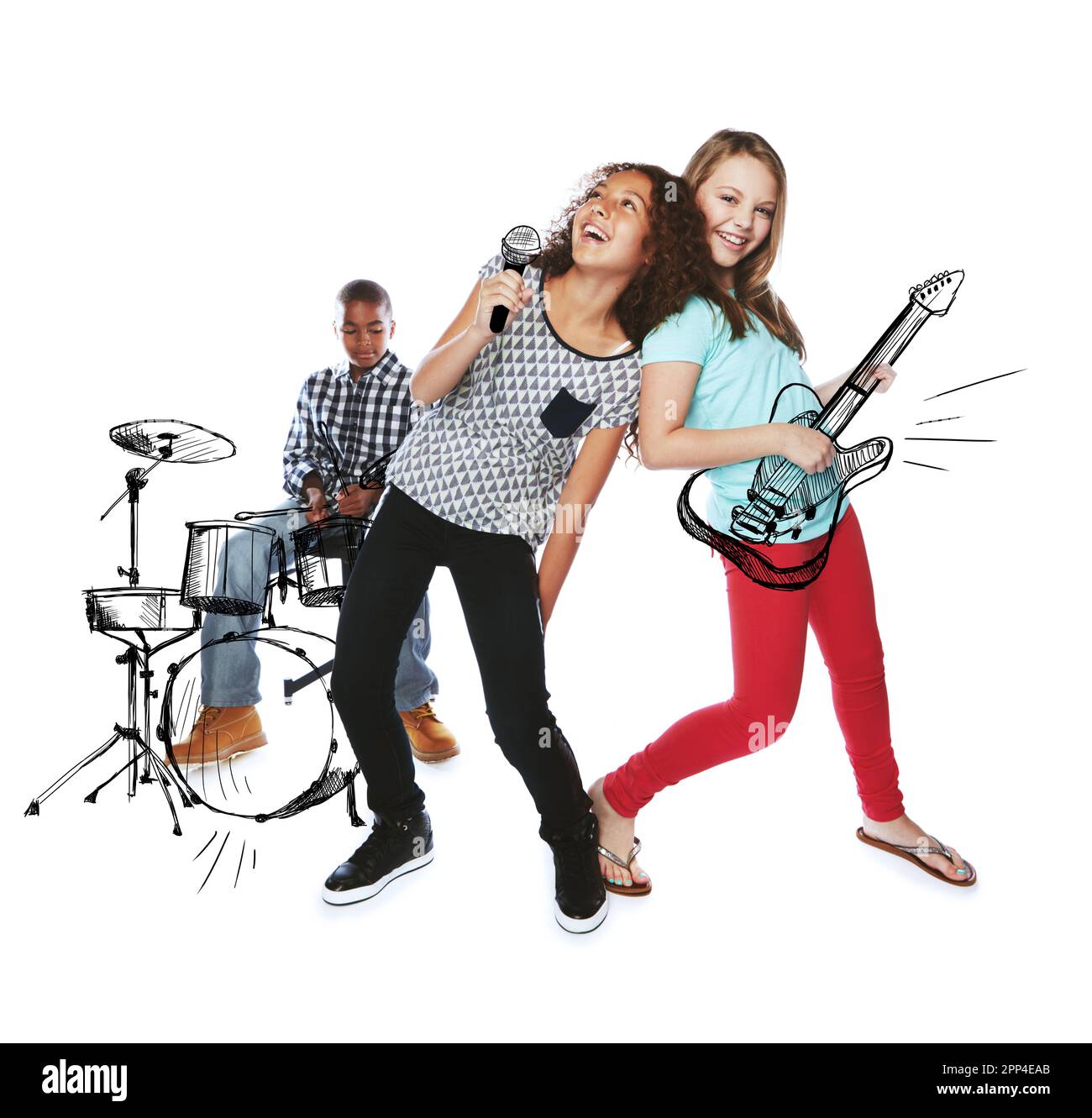 Having a great jamming session. Studio shot of children playing rock music on imaginary instruments. Stock Photo