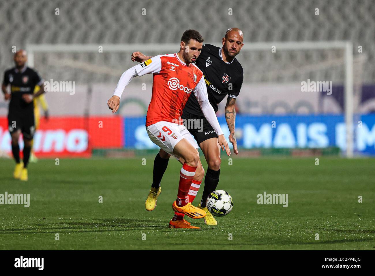 Oeiras, Portugal. 21st Apr, 2023. Abel Ruiz of SC Braga (L) with Ângelo