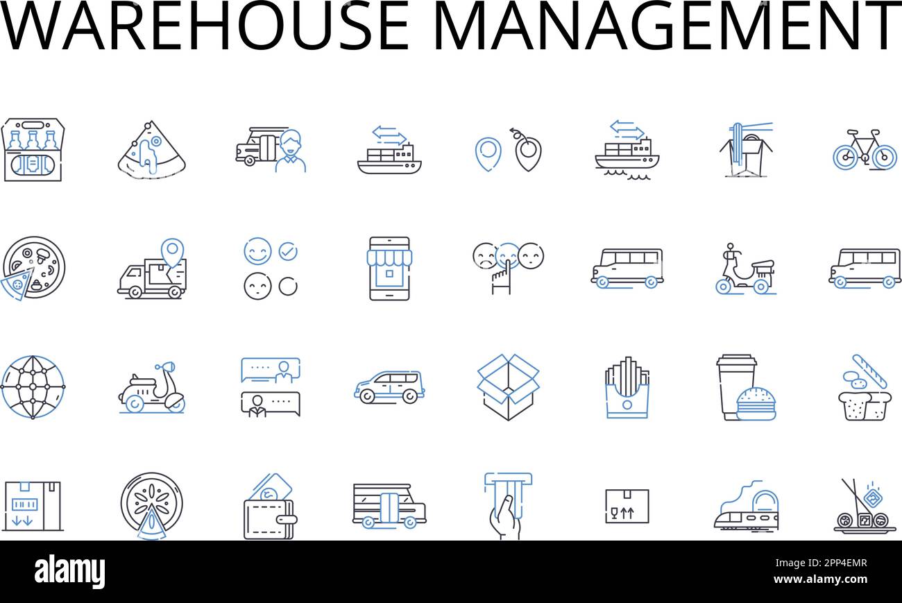 Warehouse management line icons collection. Inventory control, Distribution management, Logistics management, Stock management, Supply chain Stock Vector