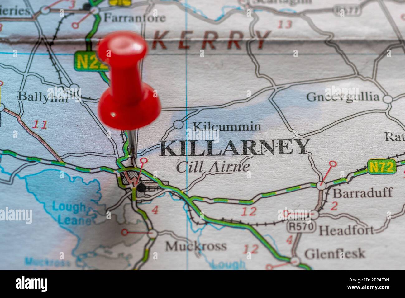 Pin in map marking Killarney, Ireland. Stock Photo
